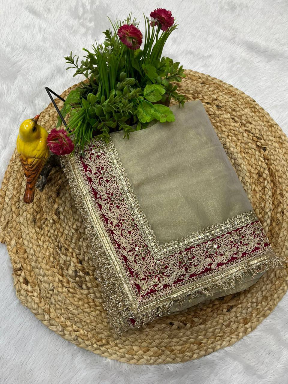 ✨ Royal Ivory Tissue Silk Saree with Designer Embroidered Border 👑✨