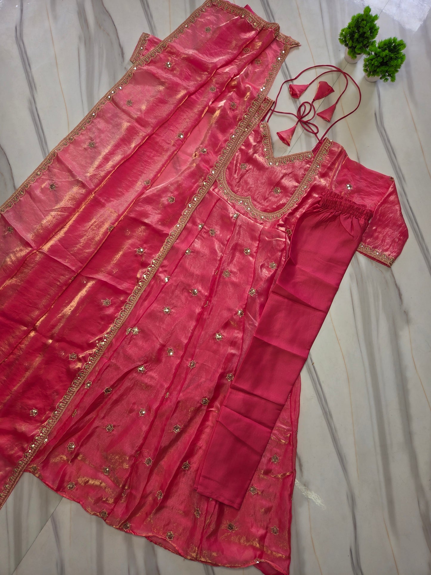 Pastel Pink Sequins Embroidered Anarkali Gown with Dupatta