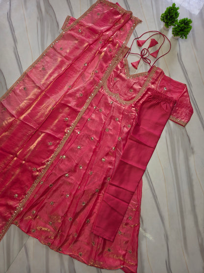 Pastel Pink Sequins Embroidered Anarkali Gown with Dupatta