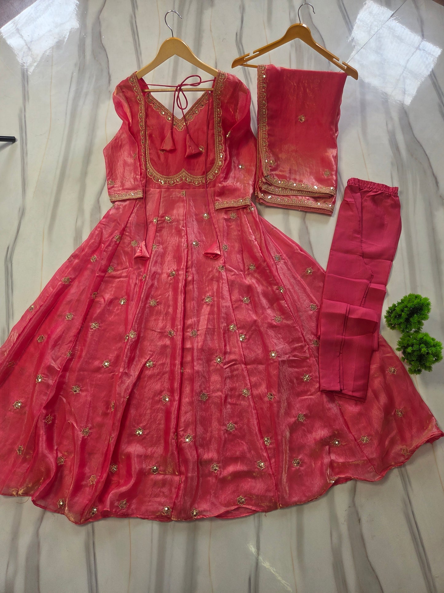 Pastel Pink Sequins Embroidered Anarkali Gown with Dupatta