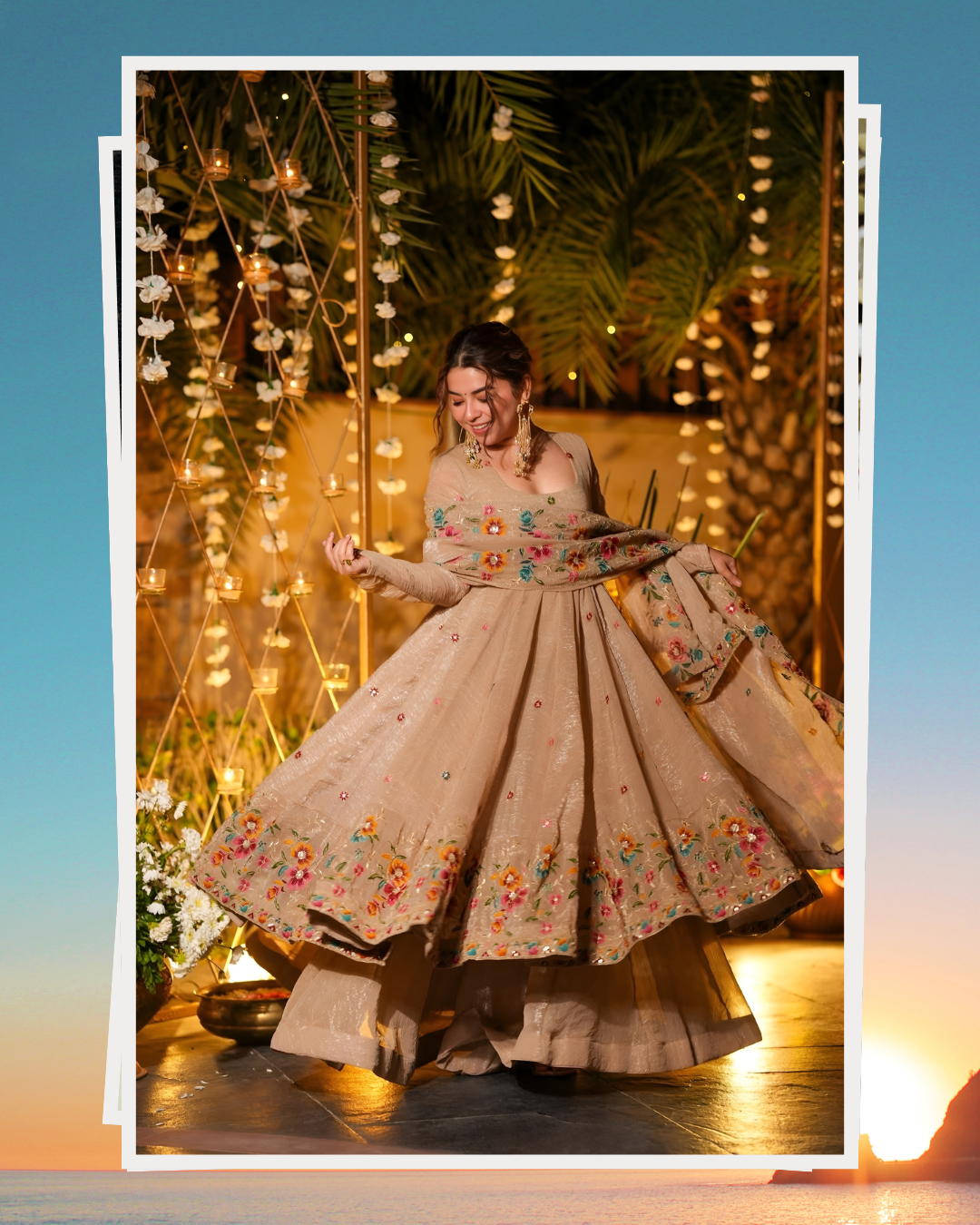 ✨ Champagne Beige Floral Embroidered Anarkali Gown Set ✨