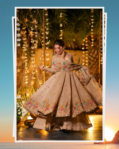 ✨ Champagne Beige Floral Embroidered Anarkali Gown Set ✨