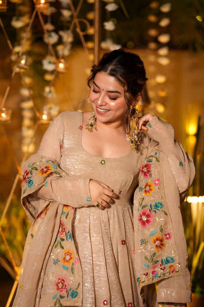 ✨ Champagne Beige Floral Embroidered Anarkali Gown Set ✨
