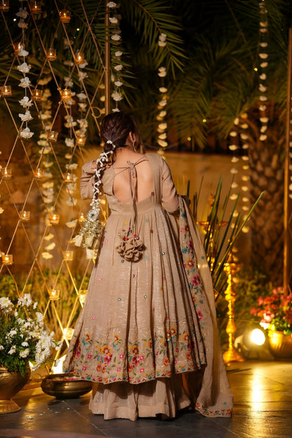 ✨ Champagne Beige Floral Embroidered Anarkali Gown Set ✨