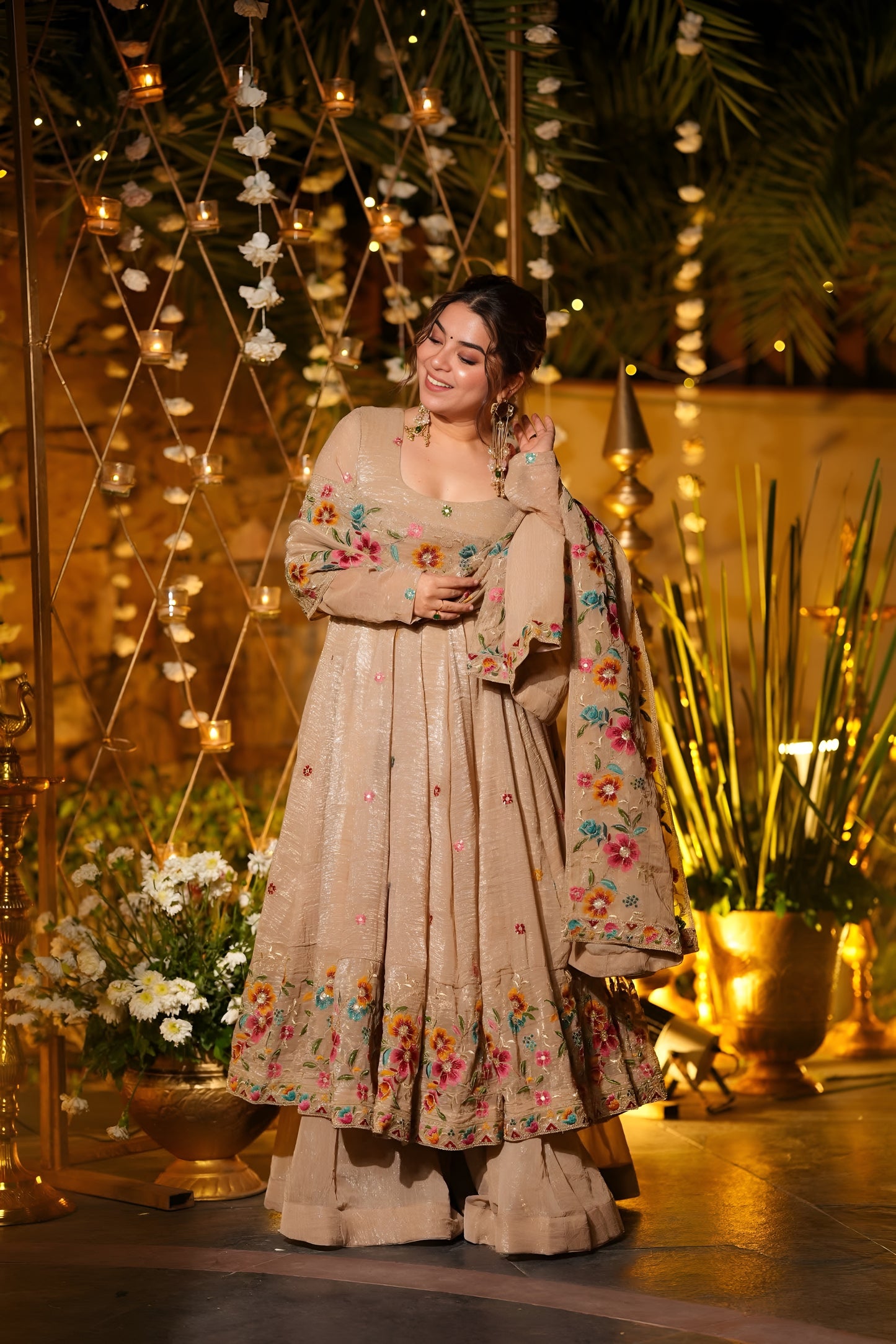 ✨ Champagne Beige Floral Embroidered Anarkali Gown Set ✨