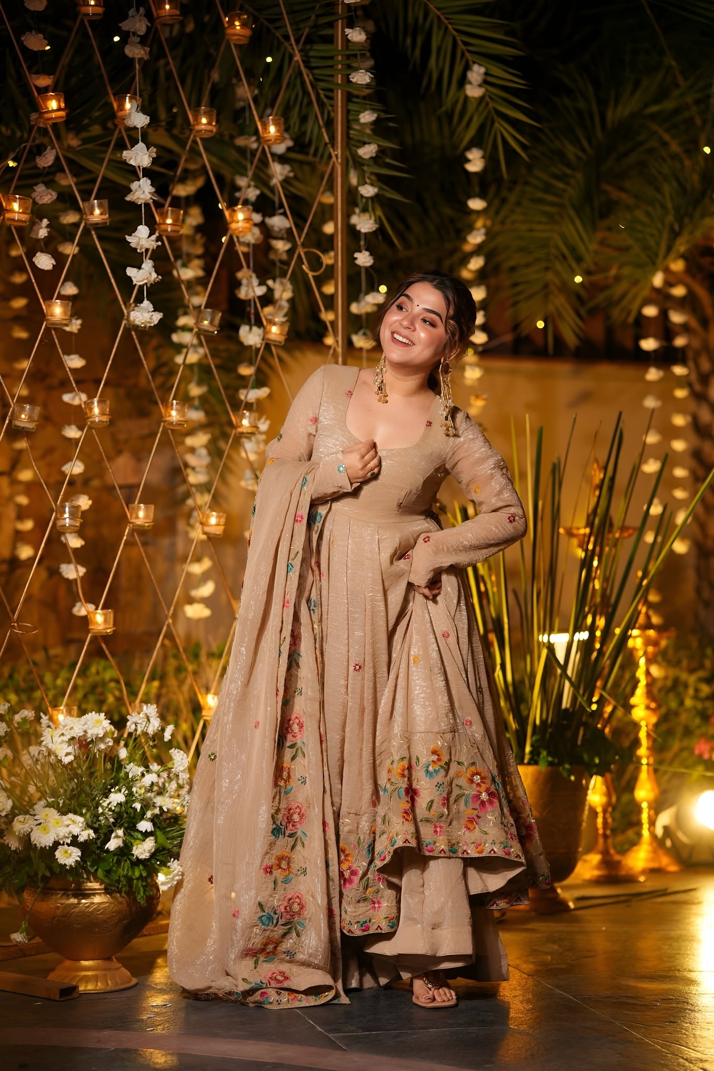 ✨ Champagne Beige Floral Embroidered Anarkali Gown Set ✨