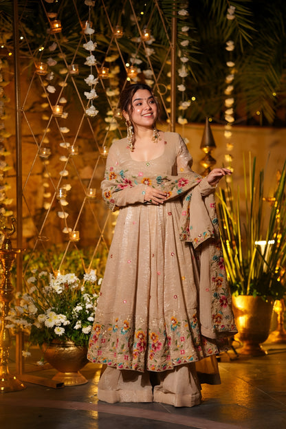 ✨ Champagne Beige Floral Embroidered Anarkali Gown Set ✨