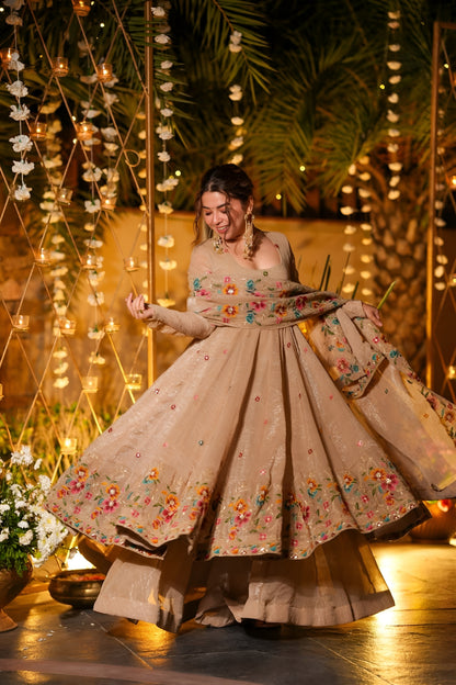 ✨ Champagne Beige Floral Embroidered Anarkali Gown Set ✨