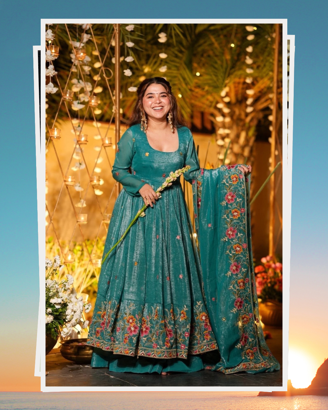 ✨ Champagne Beige Floral Embroidered Anarkali Gown Set ✨