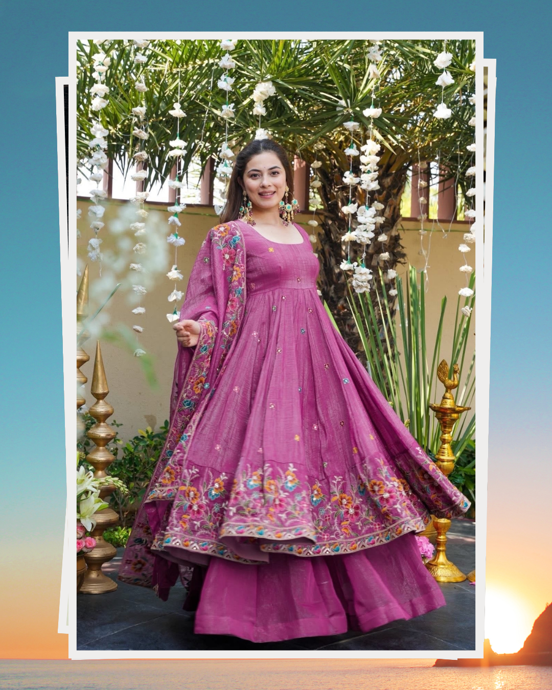 ✨ Champagne Beige Floral Embroidered Anarkali Gown Set ✨