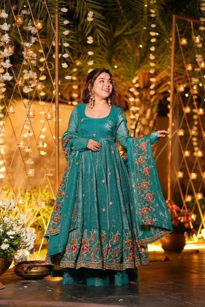 ✨ Champagne Beige Floral Embroidered Anarkali Gown Set ✨