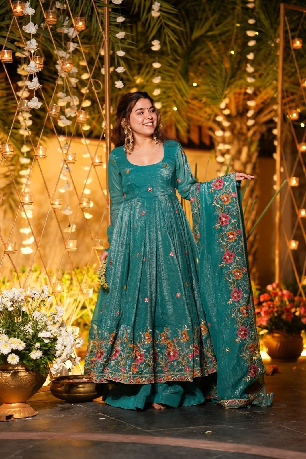 ✨ Champagne Beige Floral Embroidered Anarkali Gown Set ✨