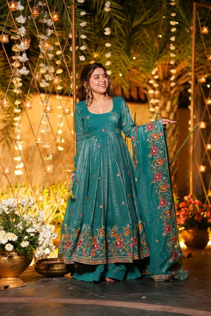 ✨ Champagne Beige Floral Embroidered Anarkali Gown Set ✨