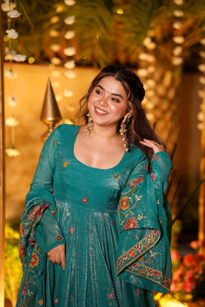 ✨ Champagne Beige Floral Embroidered Anarkali Gown Set ✨