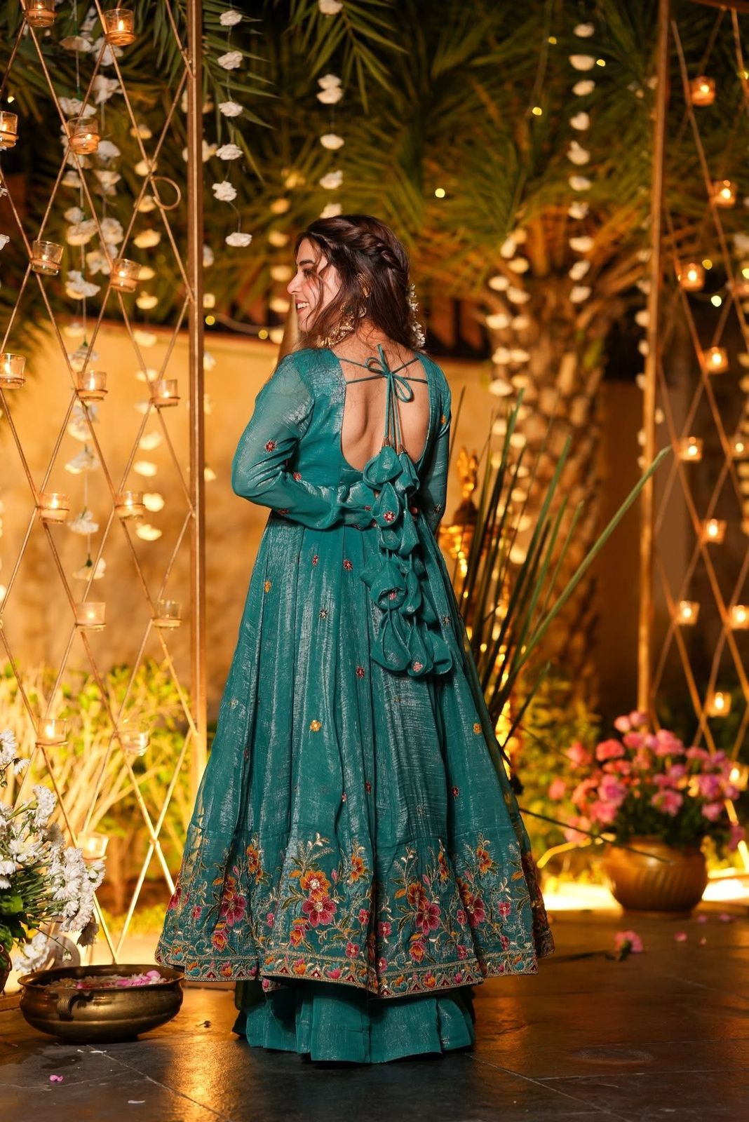 ✨ Champagne Beige Floral Embroidered Anarkali Gown Set ✨