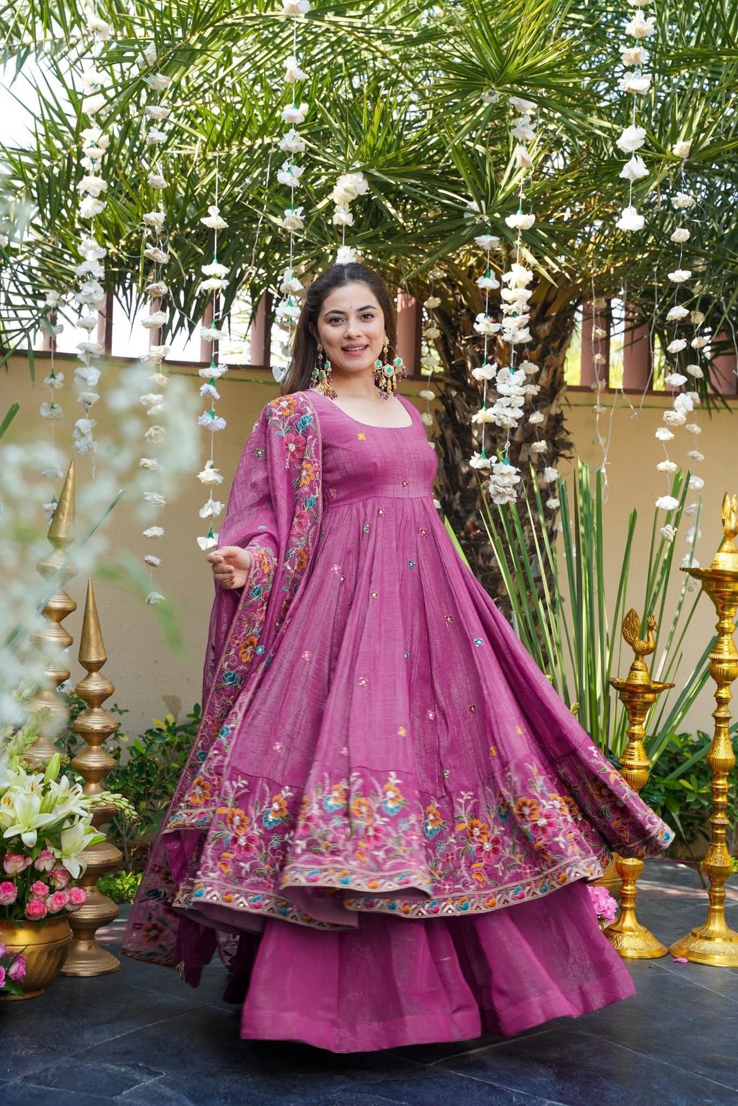 ✨ Champagne Beige Floral Embroidered Anarkali Gown Set ✨