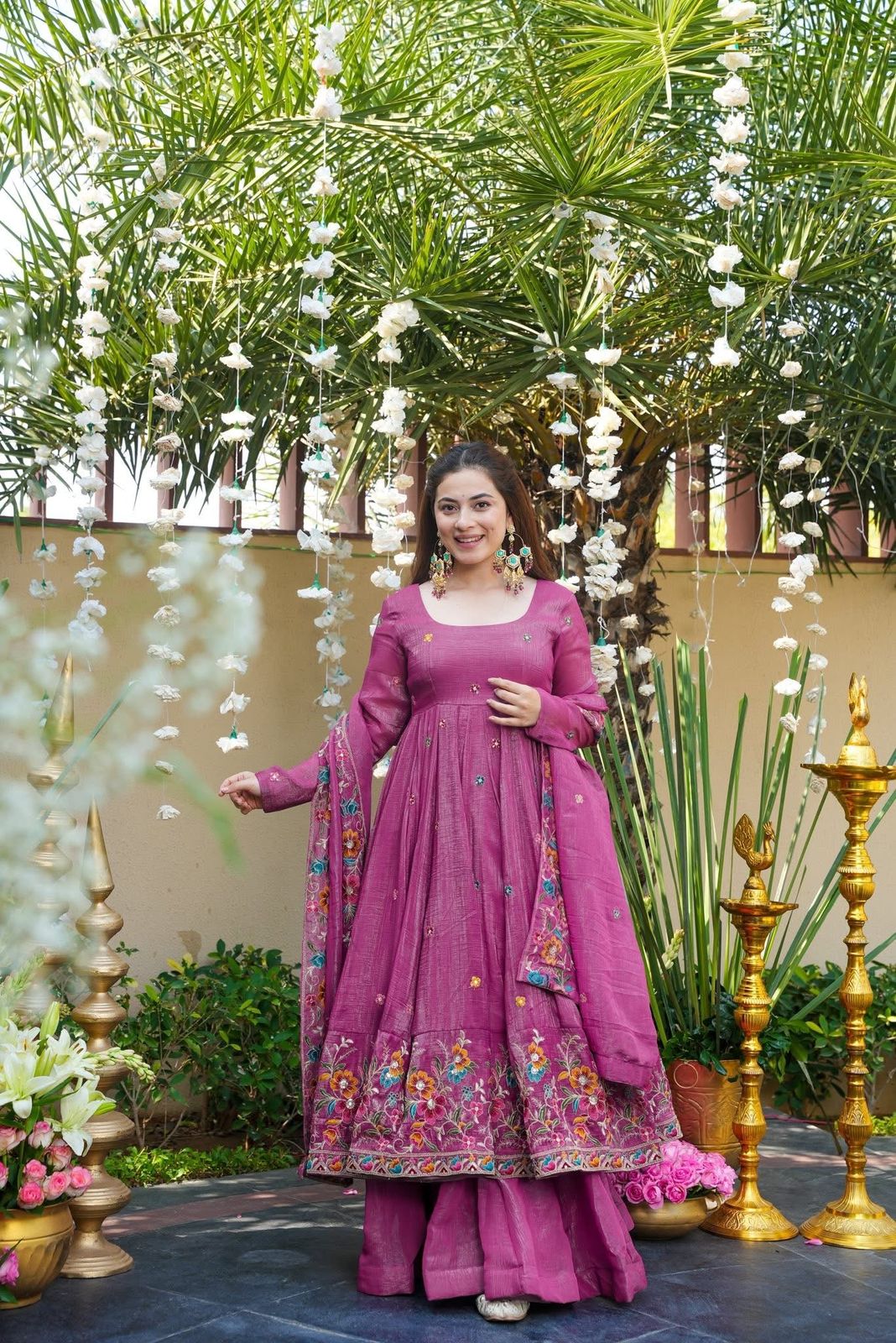 ✨ Champagne Beige Floral Embroidered Anarkali Gown Set ✨