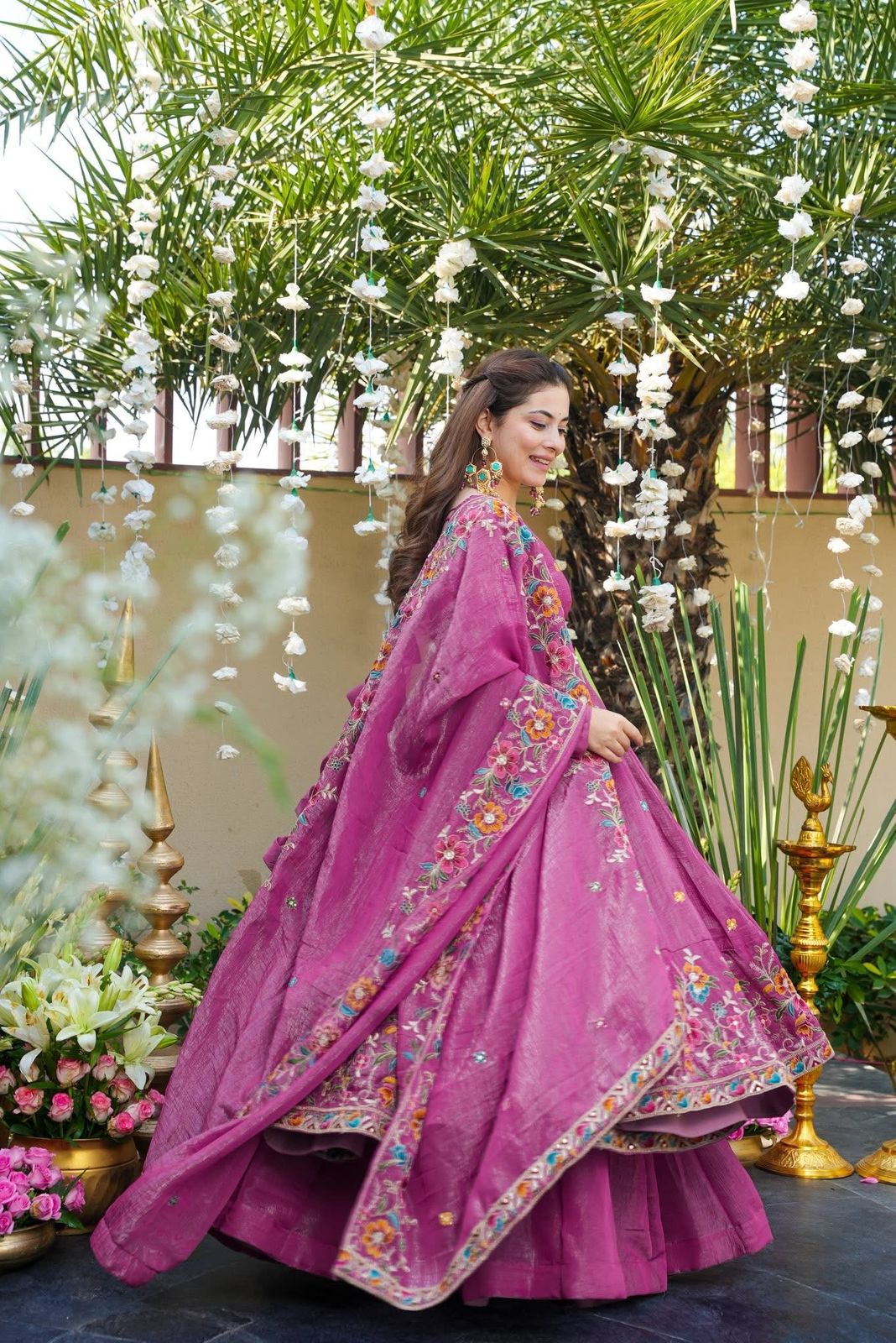✨ Champagne Beige Floral Embroidered Anarkali Gown Set ✨