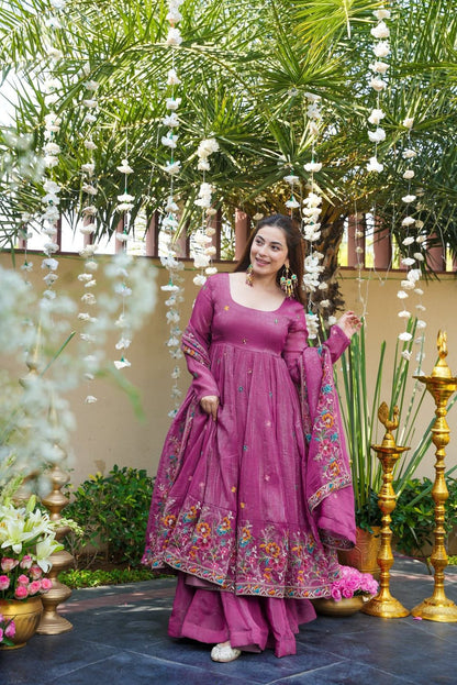 ✨ Champagne Beige Floral Embroidered Anarkali Gown Set ✨