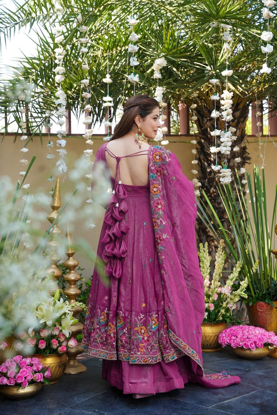 ✨ Champagne Beige Floral Embroidered Anarkali Gown Set ✨