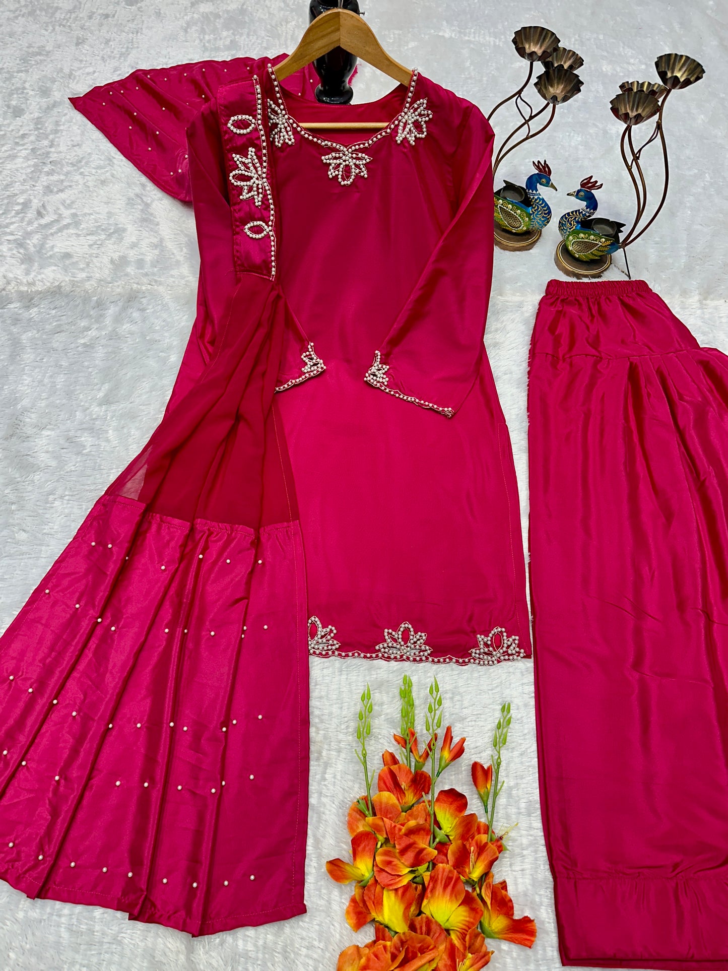 ✨ Royal Rani Pink Pearl Work Palazzo Suit Set ✨