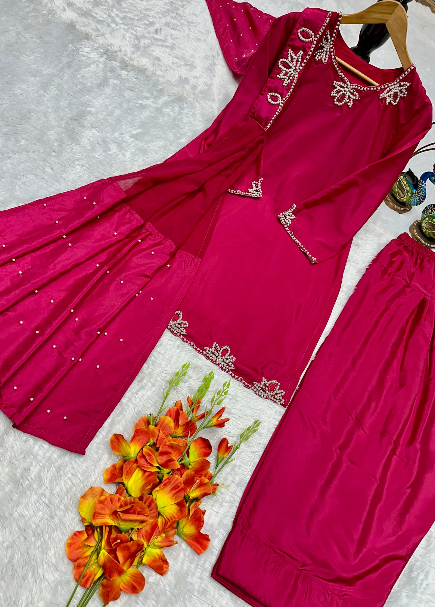 ✨ Royal Rani Pink Pearl Work Palazzo Suit Set ✨