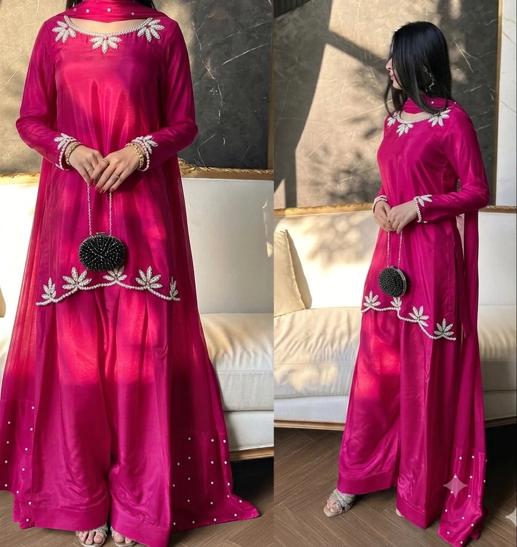 ✨ Royal Rani Pink Pearl Work Palazzo Suit Set ✨