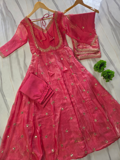 Pastel Pink Sequins Embroidered Anarkali Gown with Dupatta