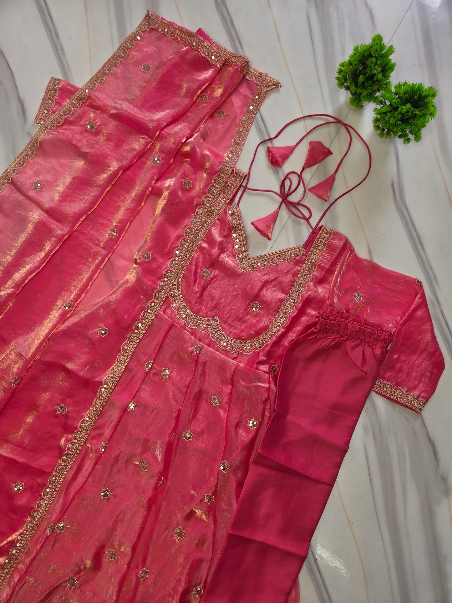 Pastel Pink Sequins Embroidered Anarkali Gown with Dupatta