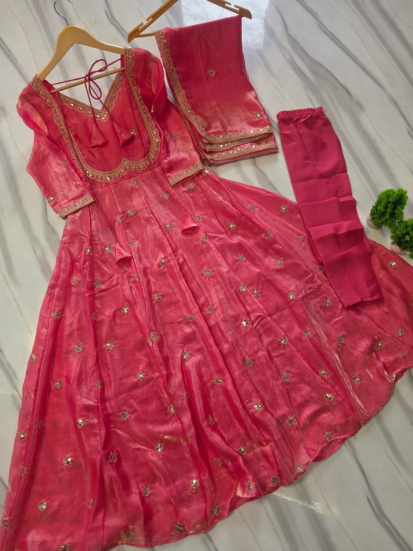 Pastel Pink Sequins Embroidered Anarkali Gown with Dupatta