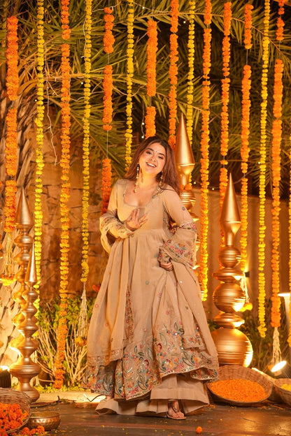 ✨ Champagne Beige Floral Embroidered Anarkali Gown Set ✨