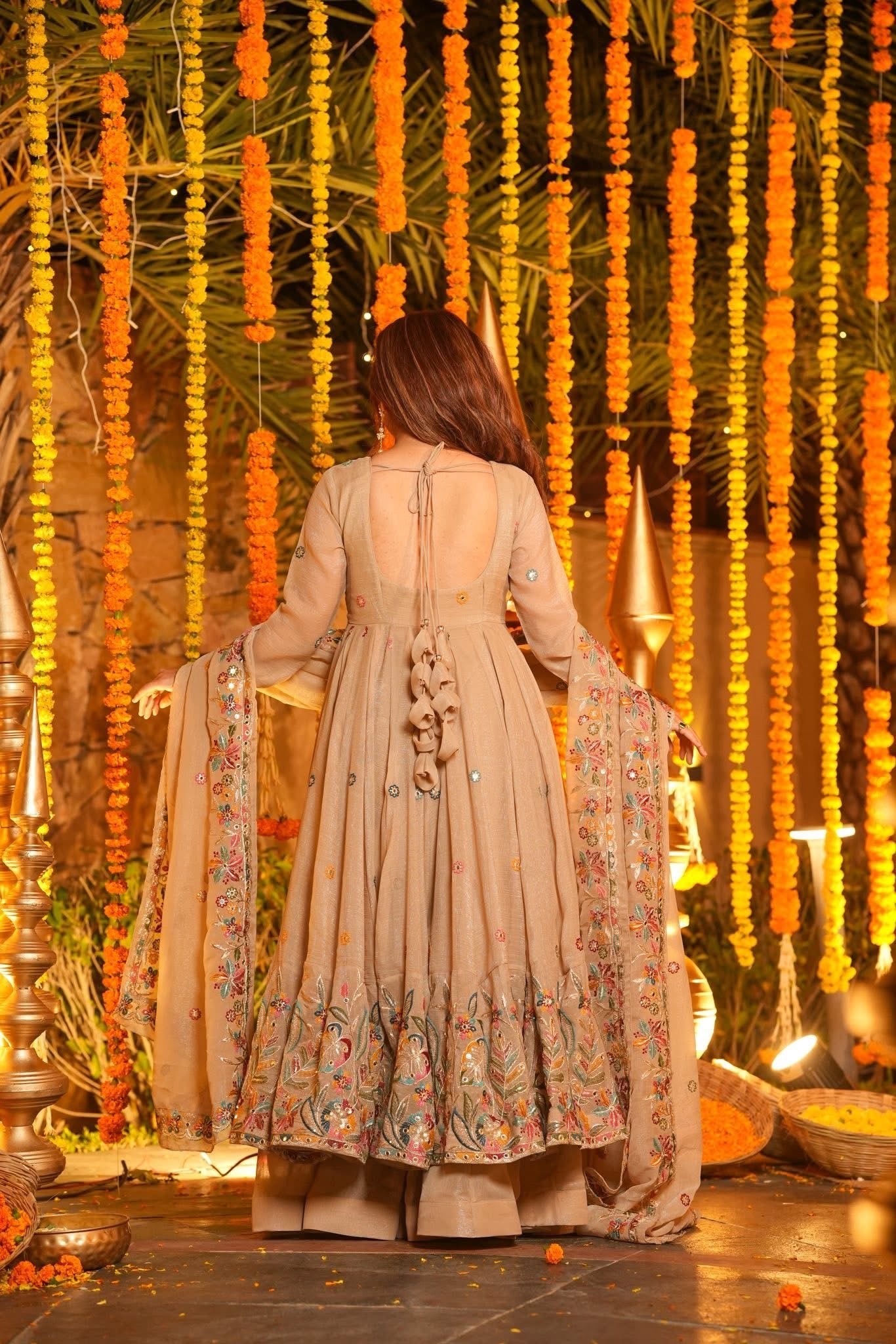 ✨ Champagne Beige Floral Embroidered Anarkali Gown Set ✨