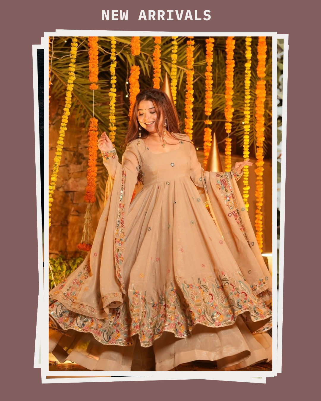 ✨ Champagne Beige Floral Embroidered Anarkali Gown Set ✨