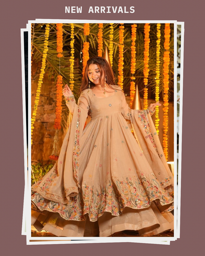 ✨ Champagne Beige Floral Embroidered Anarkali Gown Set ✨