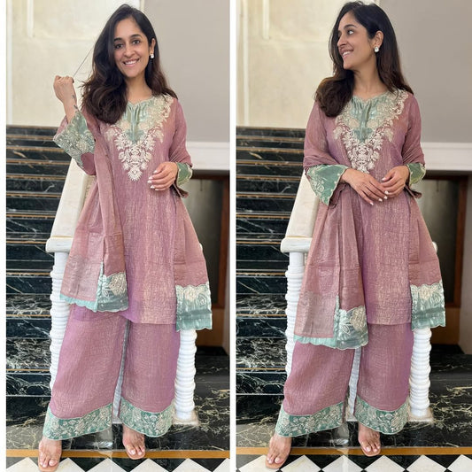 🌸 Dusty Rose Embroidered Palazzo Suit Set 🌸