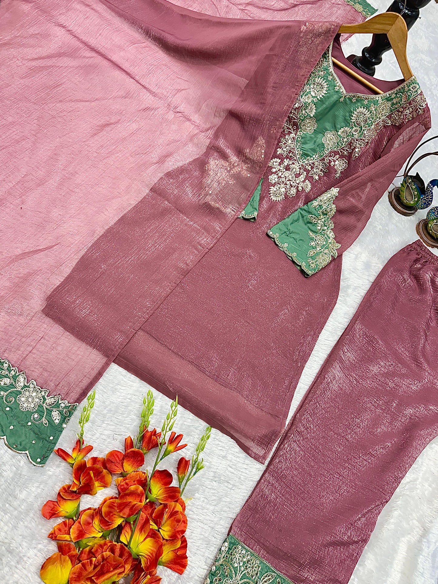 🌸 Dusty Rose Embroidered Palazzo Suit Set 🌸
