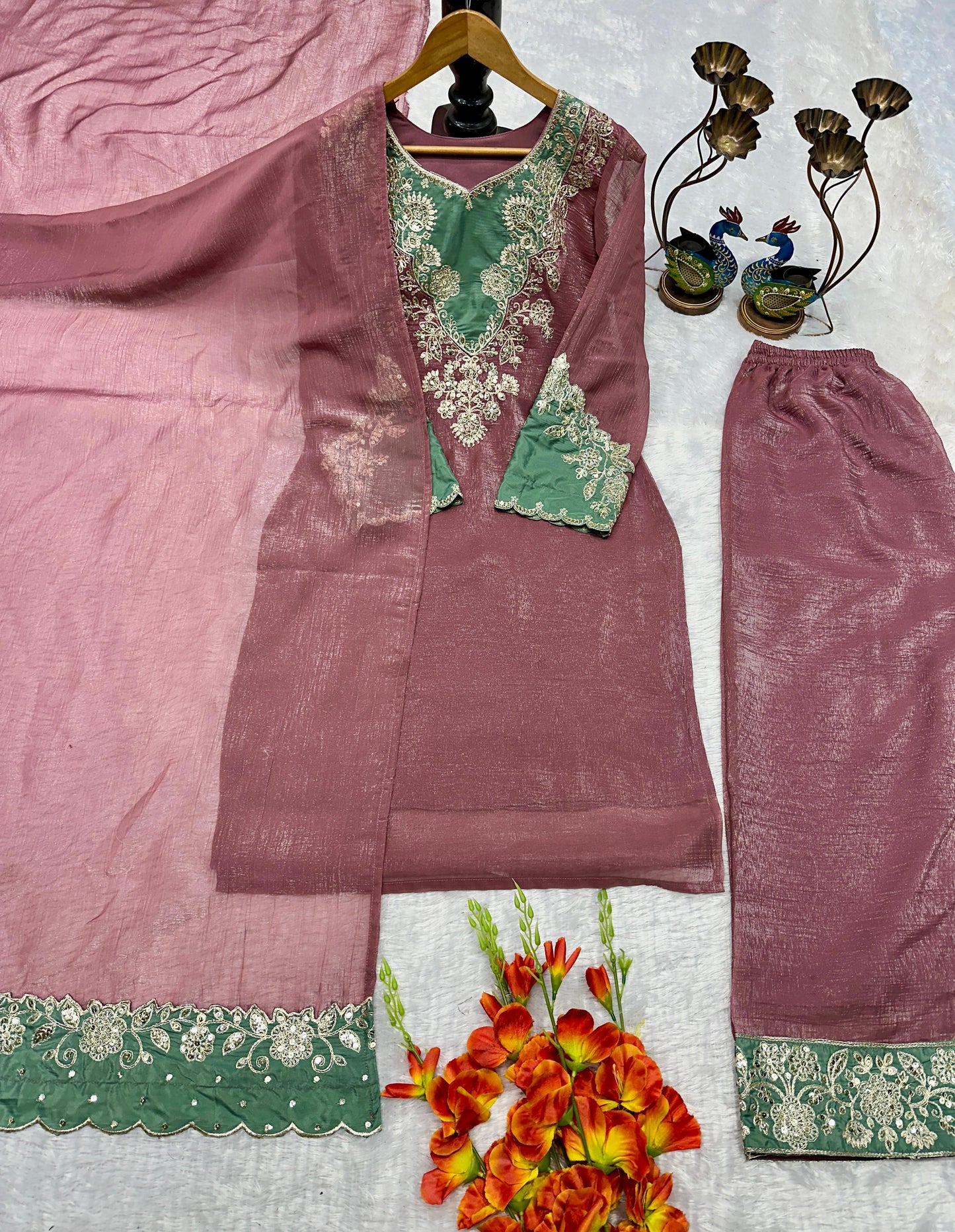 🌸 Dusty Rose Embroidered Palazzo Suit Set 🌸