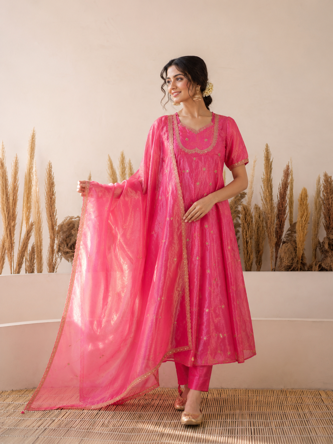 Pastel Pink Sequins Embroidered Anarkali Gown with Dupatta
