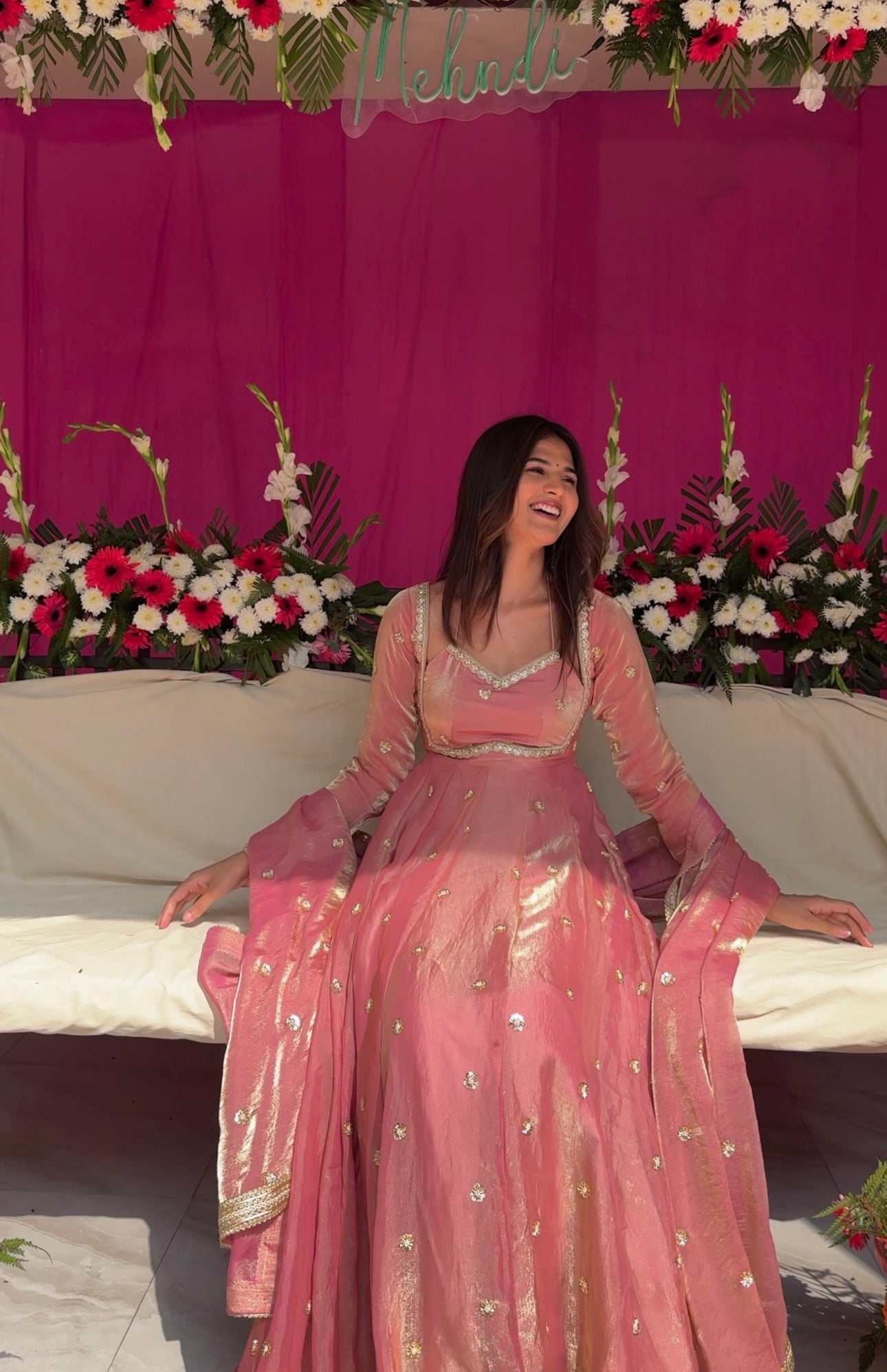 Pastel Pink Sequins Embroidered Anarkali Gown with Dupatta