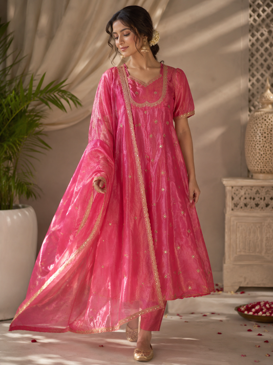 Pastel Pink Sequins Embroidered Anarkali Gown with Dupatta