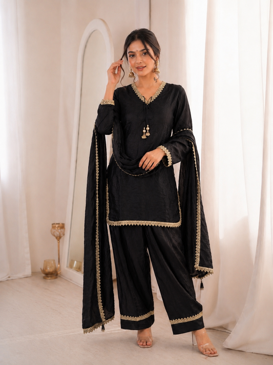 Women’s Embroidered Kurta Salwar Dupatta Set with Lace Border