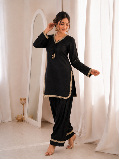 Women’s Embroidered Kurta Salwar Dupatta Set with Lace Border