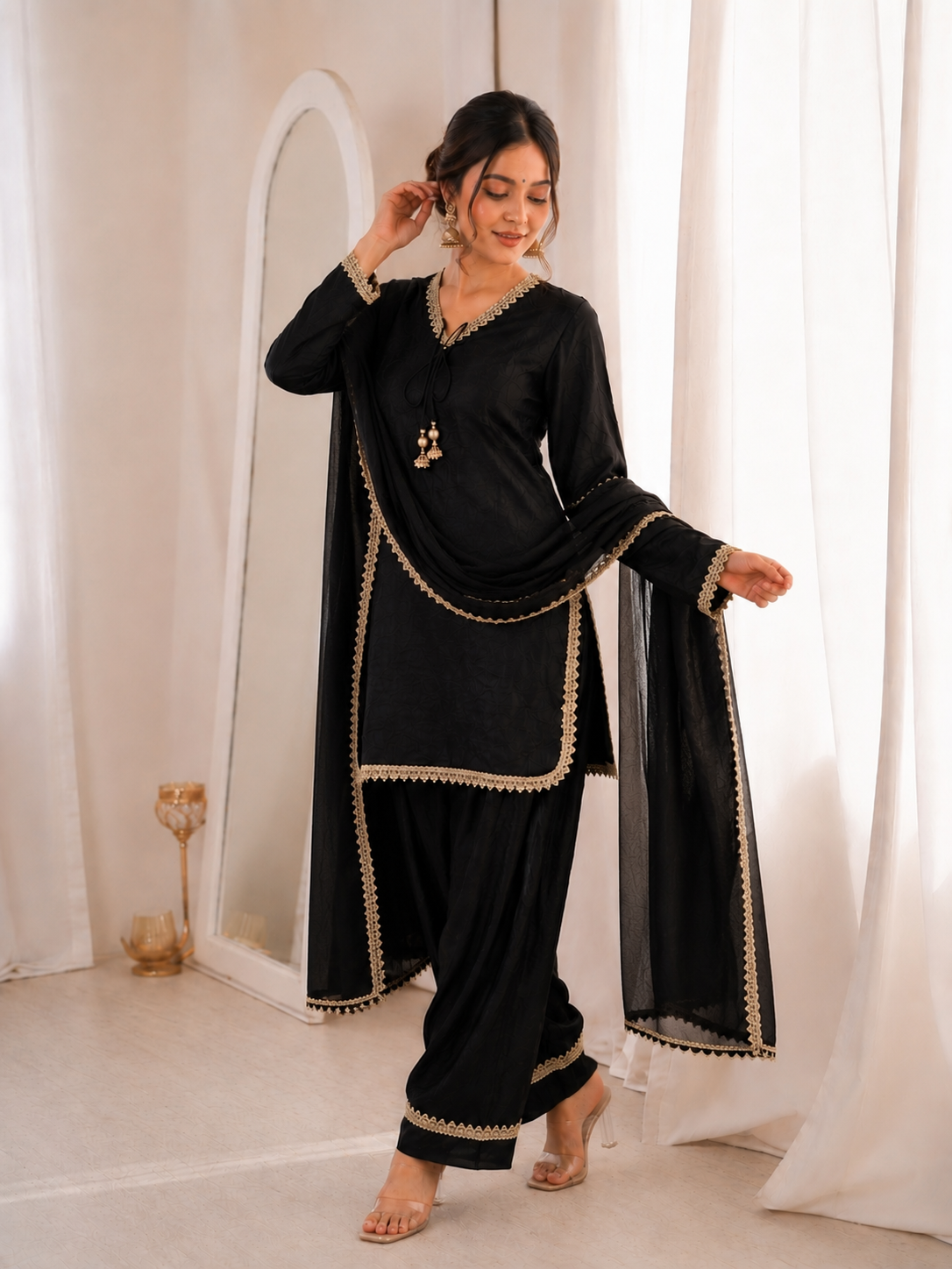 Women’s Embroidered Kurta Salwar Dupatta Set with Lace Border