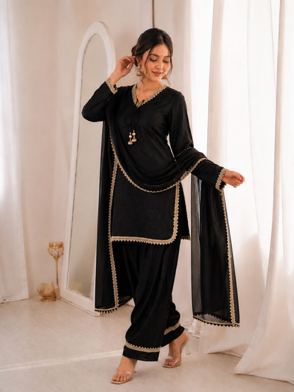 Women’s Embroidered Kurta Salwar Dupatta Set with Lace Border