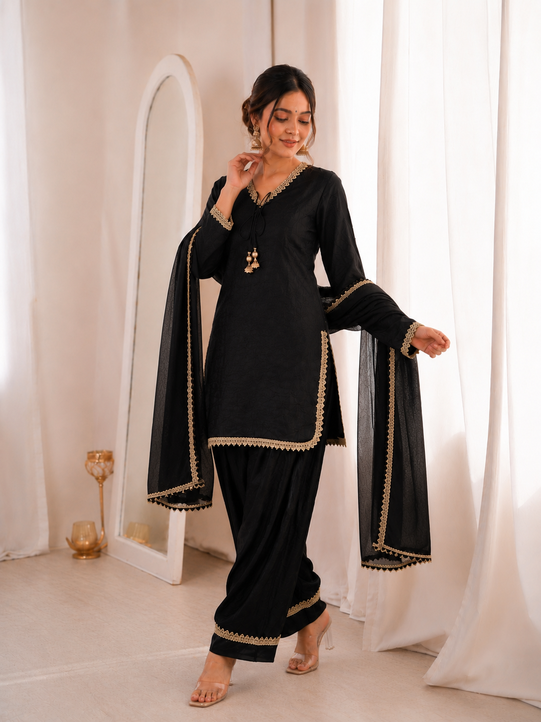 Women’s Embroidered Kurta Salwar Dupatta Set with Lace Border