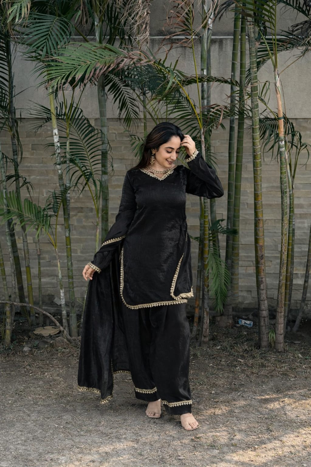 Women’s Embroidered Kurta Salwar Dupatta Set with Lace Border