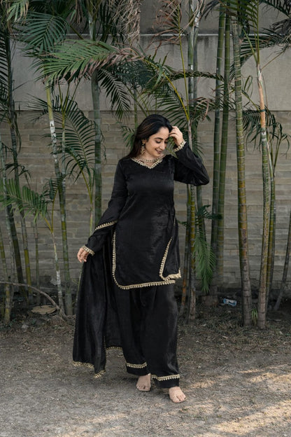 Women’s Embroidered Kurta Salwar Dupatta Set with Lace Border