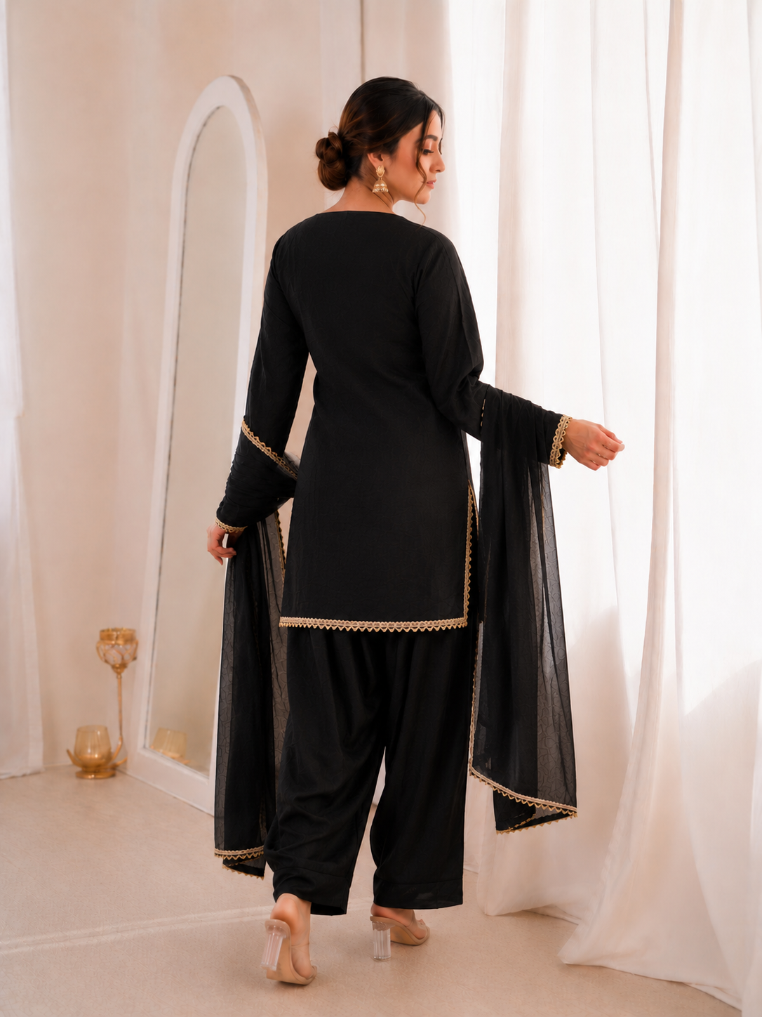 Women’s Embroidered Kurta Salwar Dupatta Set with Lace Border