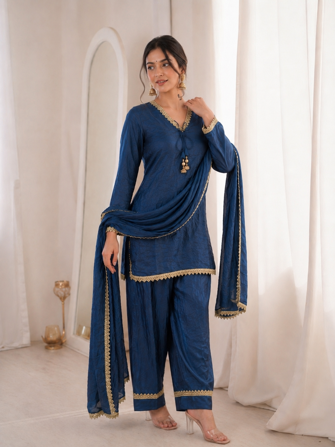 Women’s Embroidered Kurta Salwar Dupatta Set with Lace Border