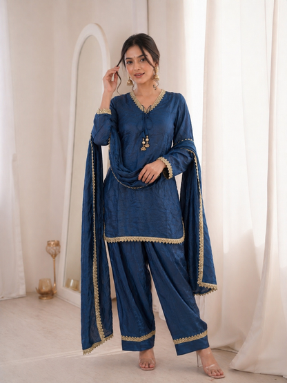 Women’s Embroidered Kurta Salwar Dupatta Set with Lace Border